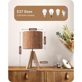 EDISHINE 36cm Wood Bedside Table Lamp, Tripod Desk Lamp, Tree Bark Lampshade, On-Off Switch, Desk Lamps for Reading, Bedroom, Living Room, Study, Office, E27 Base