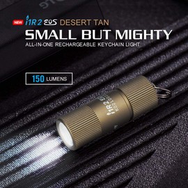 OLIGHT i1R 2 EOS 150 Lumens Tiny Rechargeable Keychain Flashlight EDC Mini LED Keyring Light with Built-in Battery for Camping Hiking Dog Walking etc (Desert Tan)