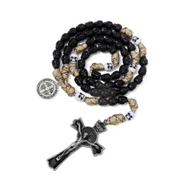 KOMI Skull Beads Paracord Rosary with St Benedict Medal and Enamel Jesus Crucifix Gothic Rugged Durable Black Paracord Rosary Catholic for Men Women Christian Gifts