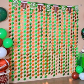 LOLStar Super Ball Party Decorations 2025, 3 Pack Football Shaped Foil Fringe Curtains, 3.3x6.6 ft Green and Brown Photo Booth Props, Super Ball Backdrop for Football Birthday Party Supplies