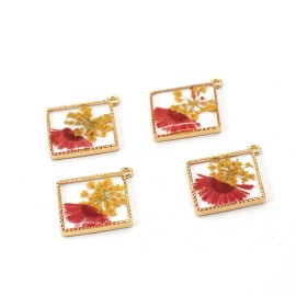 4PCS Gold Tone Real Dry Flower Resin Diamond Shape Charm Pendant Supply GBY505