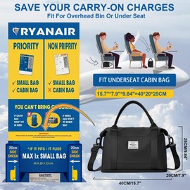 for Ryanair Airlines Underseat Cabin Bag 40X20X25 Weekend Overnight Carry on Holdall for Women Travel Duffel Sport Gym Tote Mum Hospital Bags with Wet Pocket,C1-Black