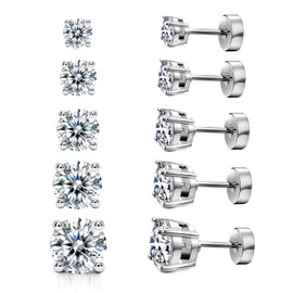 Kainier 5 Pairs 14K White Gold Plated CZ Stud Earrings Flat Back Earrings Simulated Diamond Round Surgical Steel Cubic Zirconia Hypoallergenic Flat Back Ear Stud Set（5 Pairs)