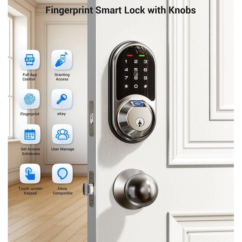 Veise RZ07C Smart Locks for Front Door, 2 Knob Handle