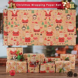 AhfuLife 2 Rolls Christmas Wrapping Paper - 17 Inch × 49.2 Feet Per Roll, Recyclable Kraft Xmas Wrapping Paper Roll for Kids Christmas Gift Box Birthday Party Decoration -138 sq. ft. ttl (Hoho/Santa)
