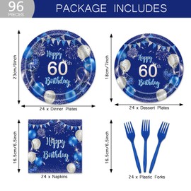96 Pcs Blue 60th Birthday Party Plates Napkins Tableware Set Happy Birthday Supplies Navy Blue and Silver Disposable Dinnerware Decoration Favors for Women Men 24 Guests