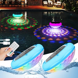 QOLNBY Solar Floating Pool Lights, USB Rechargeable 2600mAh Pool Lights with Remote, 6.69 Inch IP68 Waterproof RGB 6 Dynamic Modes Upper and Lower Glow Hangable Solar Floating Light for Garden 2 PCS