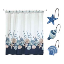 Avanti Linens- Shower Set, Fabric Shower Curtain & 12pc Curtain Hooks, Durable Bathroom Essentials (Blue Lagoon Collection)