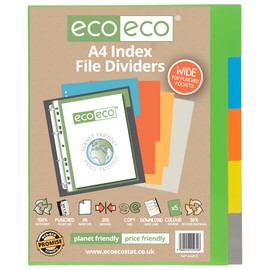 eco-eco A4 50% Recycled Multipunched Reinforced Colour Set 5 Extra Wide Subject Index File Dividers 200mic (Pack of 2) eco072x2