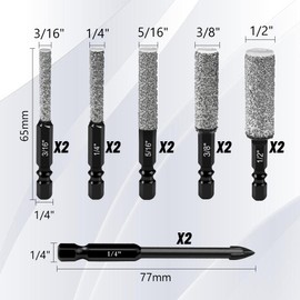 Konvixon 12PCS Diamond Drill Bit Set, 35mm Extended Diamond Brazed Grinding Surface, Dry Drilling Wax Core, 1/4" Hex Shank, Tile Drill Bits for Glass, Ceramic, Porcelain, Marble, Granite, 2 Pilot Bits