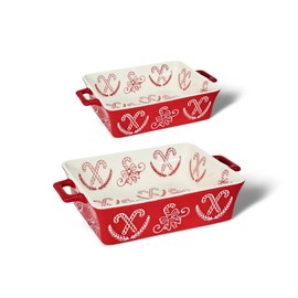 Domini Casserole Dishes for Oven, Ceramic Baking Dishes for Oven Set of 2, Lasagna Pan Deep, Baking Pan Set Square Casserole Dish Set with Handles for Baking, Pattern Red(11.4+8.5inch) Christmas