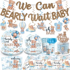 170 Pcs Teddy Bear Baby Shower Decorations Tableware Set, We Can Bearly Wait Baby Shower Decorations Include Banner, Plates and Tablecloth Etc, for Bear Baby Shower Decorations Serves 25 Guests