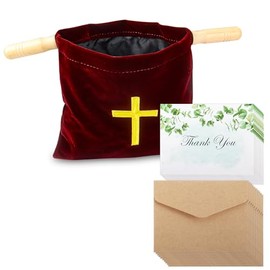 Klmnop Church Tithe Offering Bags with 25 Pack Thank You Cards and Envelope, Offering Baskets with Wooden Handles, Churches Communion Supplies for Church Offerings(Red)