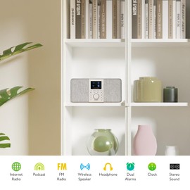 SR20 Stereo Smart Internet Radio with WiFi,Podcast Player, Bluetooth Speaker,Portable FM Radio,Mains and Battery Powered Radio,Color Display,Dual Alarms, Presets,App Control-Walnut