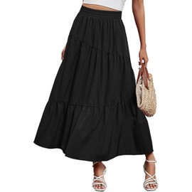 Oyamiki Black Skirt Women Boho Flowy Elastic Waist Long Ruffle Swing Peasant Flared Skirt with Asymmertric Tiered M