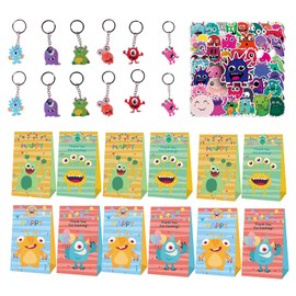 JWTRSVTY 74 Pieces Monster Children's Birthday Gifts, Monster Theme Party Gifts, Monster Party Bag with Children, Monster Key Chain, Gift Bags, Stickers, for Boys and Girls, Guest Gift