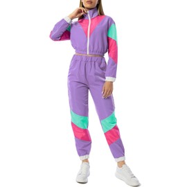 Yisfri Women's Vintage 80s 90s Style 2 Piece Outfit Long Sleeve Full Zip Windbreaker Tracksuits Themed Party Pants Set (Medium, Light Purple)