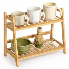 ANBOXIT Bamboo Kitchen Organiser, 2 Tier Shelf for Cups and Coffee Bar | Suitable for storing matcha, coffee accessories & spices in kitchen, home and office
