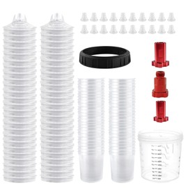Disposable Paint Cups for Automotive Paint Gun, HVLP Paint Spray Gun Mixing Cups 20 Ounce (600ml) Kit with 50 Cups and Lids System, 1 Hard Cup with Retainer Ring, 2 Adapter, Paint Stirrer (50PCS)