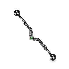 PiercedOff Surgical Steel Black Industrial Bar with Spring Coil and aVitrail Medium Gem - Bar Length 38mm Bar Thickness 16mm (14GA)