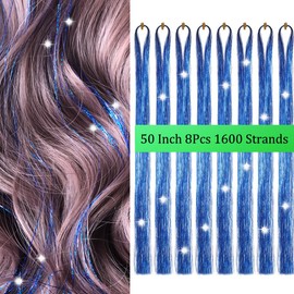 Hair Tinsel Blue 50inch 8packs 1600 Strands Glitter Tinsel Hair Extensions Heat Resistant Highlights Sparkling Fairy Hair for Kids Women Girls(50 Inch, Sapphire blue)