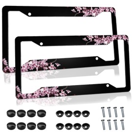 Cherry Blossom License Plate Frame Pink License Plate Cover Funny Auto Accessory Bracket Aluminum Metal Black License Plate Frames for Women Men (Set of 2, 12.3" x 6.3")