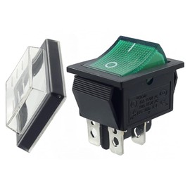 Toggle Switch Green On/Off with Waterproof Cover, Device Switch DPDT, 4-Pin 250V 16A Rocker Switch Illuminated