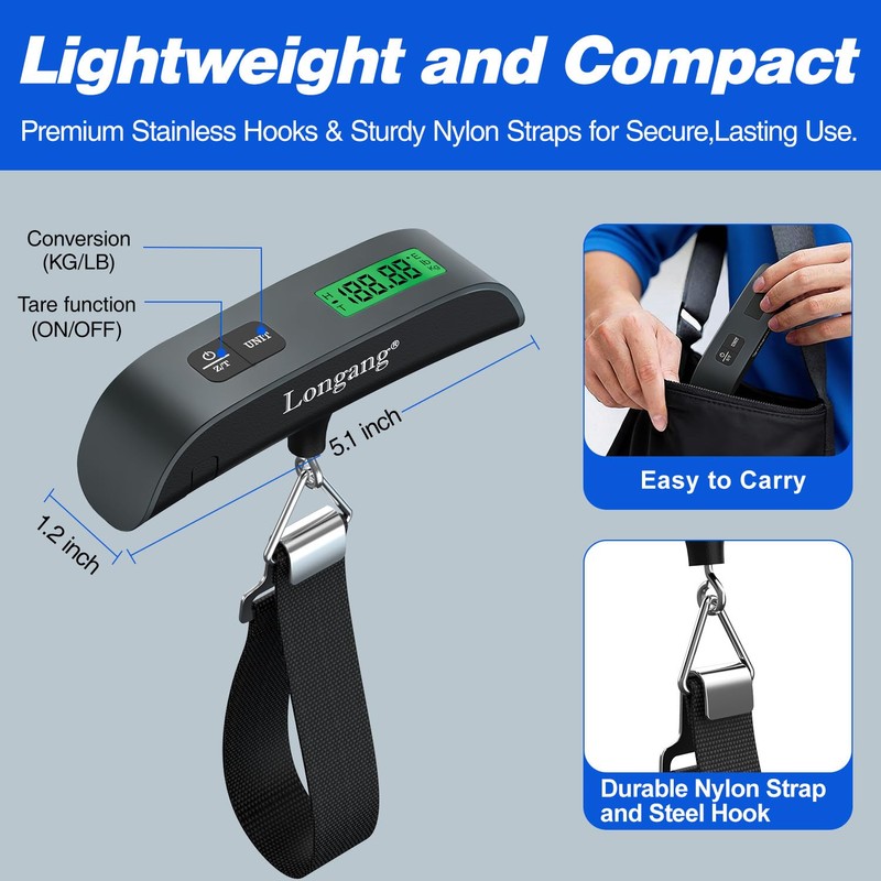Digital Hanging Luggage Scale with Backlit for Travel, Portable Handheld