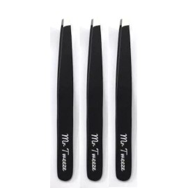 Mr Tweeze Stainless Steel Slant Tweezers, Black (3 Pack)