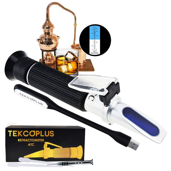 Optics Alcohol Refractometer 0-80% Volume Percent ATC, For Alcohol Liquor production, Spirit Alcohol Measurement, Ethanol with water, Distilled beverages, Winemakers, with EXTRA LED light & pipettes