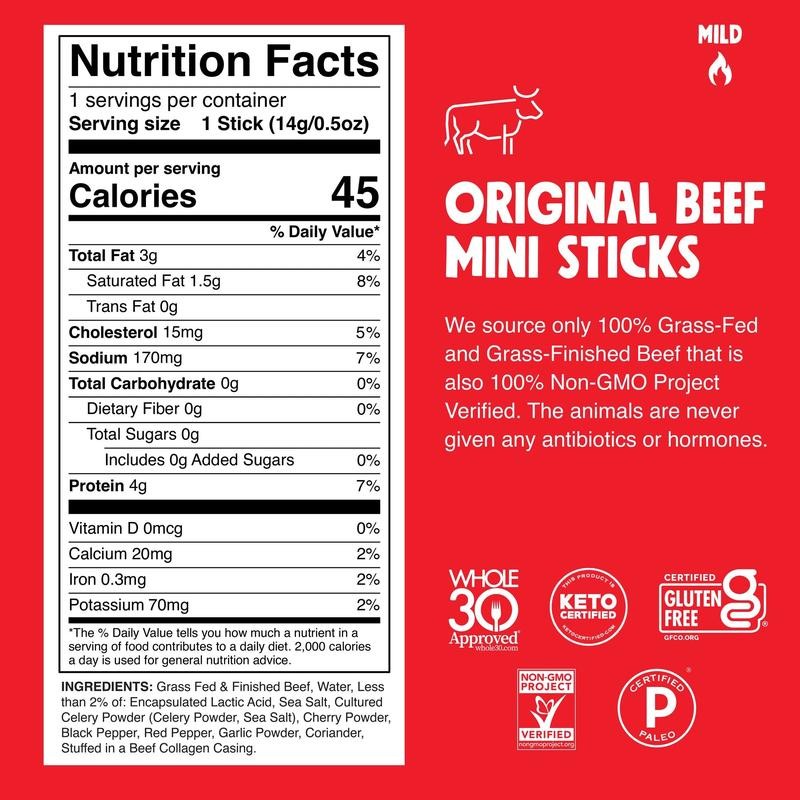 CHOMPS Mini Original Grass Fed Beef Sticks, 6 Ct