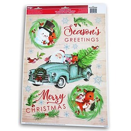 Christmas Static Cling for Windows or Mirrors - Elegant Holiday Window Cling Decorations for Home, Classroom, Office, and More (Santa Claus Little Blue Truck)