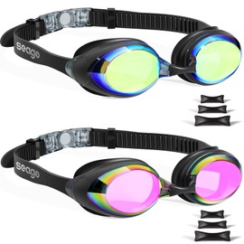 Gafas de natación, 2 unidades, gafas de natación, antivaho, protección UV, para adultos, hombres, mujeres, jóvenes, sin fugas, lente plana, visión clara, 3 tamaños de puente nasal