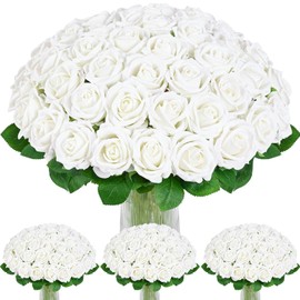 BLEUM CADE 100 Pcs White Roses Artificial Flowers, Real Touch Velvet Roses Fake Flowers Bulk, Artificial Roses Bouquet with Long Stems for Bridal DIY Wedding Party Centerpiece Decorations