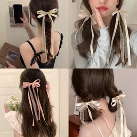 Fesanla Ribbon Hair Accessories, White, Bowknot, Hair Ornament, Set of 2, Hair Accessories, Lace, Hair Elastic, Sheer, Hair Clip, Graduation Ceremonies, Weddings, Recitals, Black