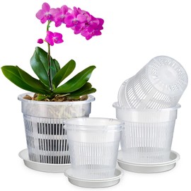MYITYARD 6 Pack Orchid Pots Set, 2 Each of 4.3, 5.5 & 6.3 Inch Plant Pot with Drainage Holes and Saucers, Clear Plastic Flower Planters for Dendrobium, Phalaenopsis