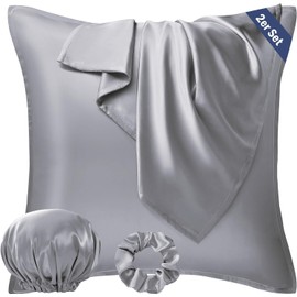 Seiwohl Satin Cushion Cover 40 x 40 cm, Set of 2 Satin Pillowcase Cushion Cover for Hair and Skin, Similar to Silk, Grey, with Hair Tie and Hair Cap