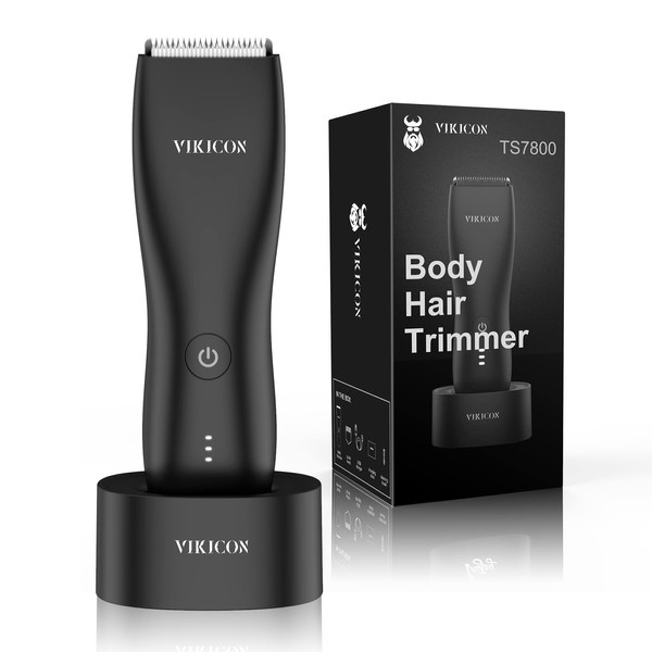 VIKICON Electric Groin Hair Trimmer: Ball Shaver & Body Groomer for Men Waterproof Wet/Dry Body Hair Clipper with Standing Recharge Dock, Replaceable Ceramic Blade Head(Black),Father's Day Gift