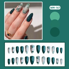 NEWSPIED Almond Press on Nails Medium Oval Acrylic Fake Nails Dark Green Marble Stripe Design Glossy Glue on Nails Full Cover False Nails Artificial Stick on Nails for Women Manicure Decoration 24Pcs