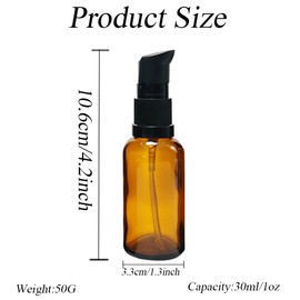 6Pcs 30ml/1oz Empty Refillable Amber Glass Lotion Pump Bottles with Black Pump Cap Portable Essential Oil Dispenser Vials Travel Small Container for Cosmetic Liquid Soap