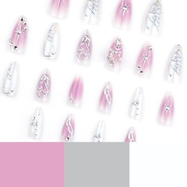 Medium Press on Nails Almond Fake Nails French Tip False Nails Silver Artificial Nails with Charm Designs Stick on Nails for Women 24pcs