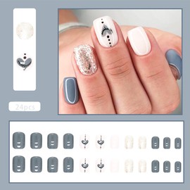 Leuhiove Blue Press on Nails Short White Fake Nails with Heart-shaped&Silver Glitter Designs Acrylic Press on Nails Glossy Glue on Nails Square False Nails with Glue Artificial Nails For Women Girls 24Pcs