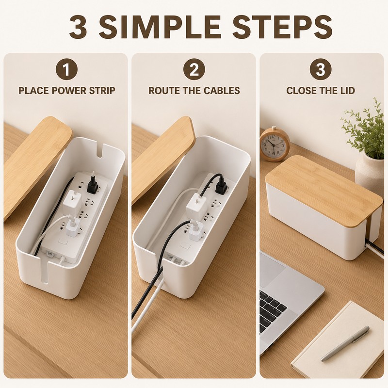 XL Cable Management Box with Wooden Lid, Large Power Strip