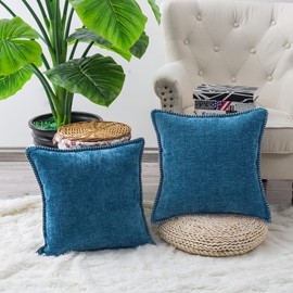 CaliTime Throw Pillow Covers Decorative 20 X 20 Inches Pack of 2 Cotton Thread Stitching Edges Solid Dyed Soft Chenille Cushion Cases for Couch Sofa Bed Living Room Farmhouse Ocean Blue