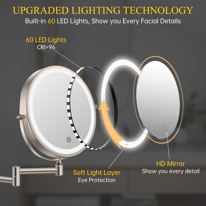 FUNTOUCH 3X/20X Wall Mounted Lighted Makeup Mirror,5000mAh Rechargeable Double Sided