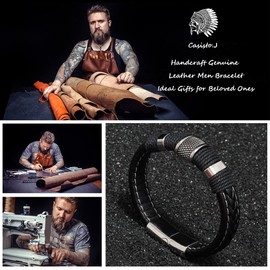 Casisto.J Men's Leather Bracelet Stainless Steel Engraved Black Braided with Magnetic Clasp, 22, Leather