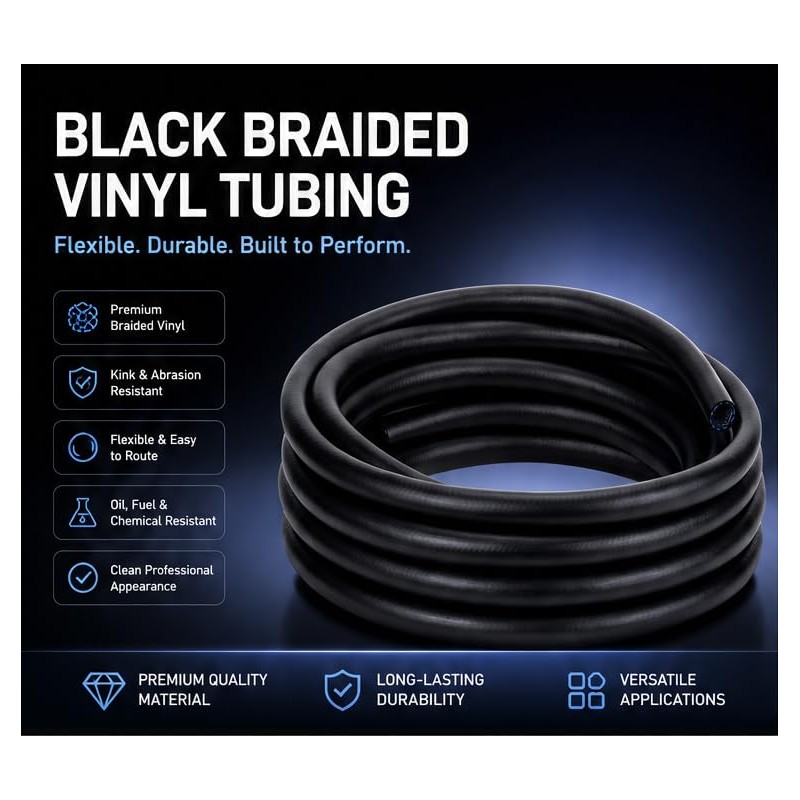 Black Braided Vinyl Tubing 5/8" - 10ft High Pressure Reinforced