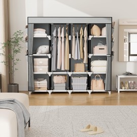 VTRIN Portable Closet, 69 Inch Wide Wardrobe Closet for Hanging Clothes, 19mm Metal Pipe,Sturdy Clothes Rack with Cover, 2 Hanging Rod,12 Shelves, 6 Pocket, Free Standing Closet for Bedroom