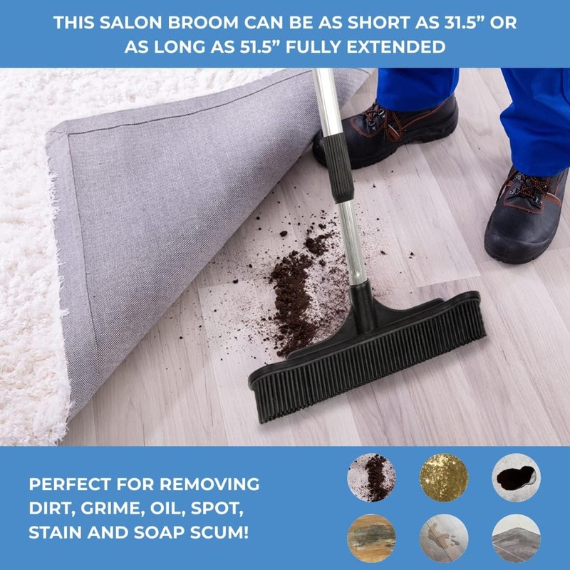 ForPro Extendable Salon Broom, Non-Scratch Rubber Bristles, Aluminum Handle Adjustable
