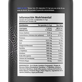 Down Blend de 180 Cápsulas. Ingredientes naturales: CLA, Vinagre de Manzana, Carnitina, Triptófano, Ácido Alfa Lipoico y Cetonas de Frambuesa. Down Bl